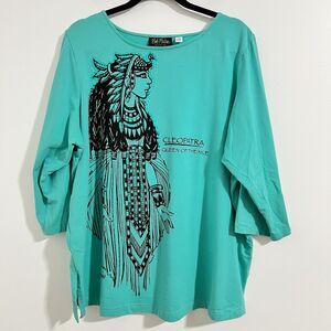 Bob MACKIE Wearable Art Shirt Size 1X Teal 3/4 Sleeve Sequins Cleopatra Print